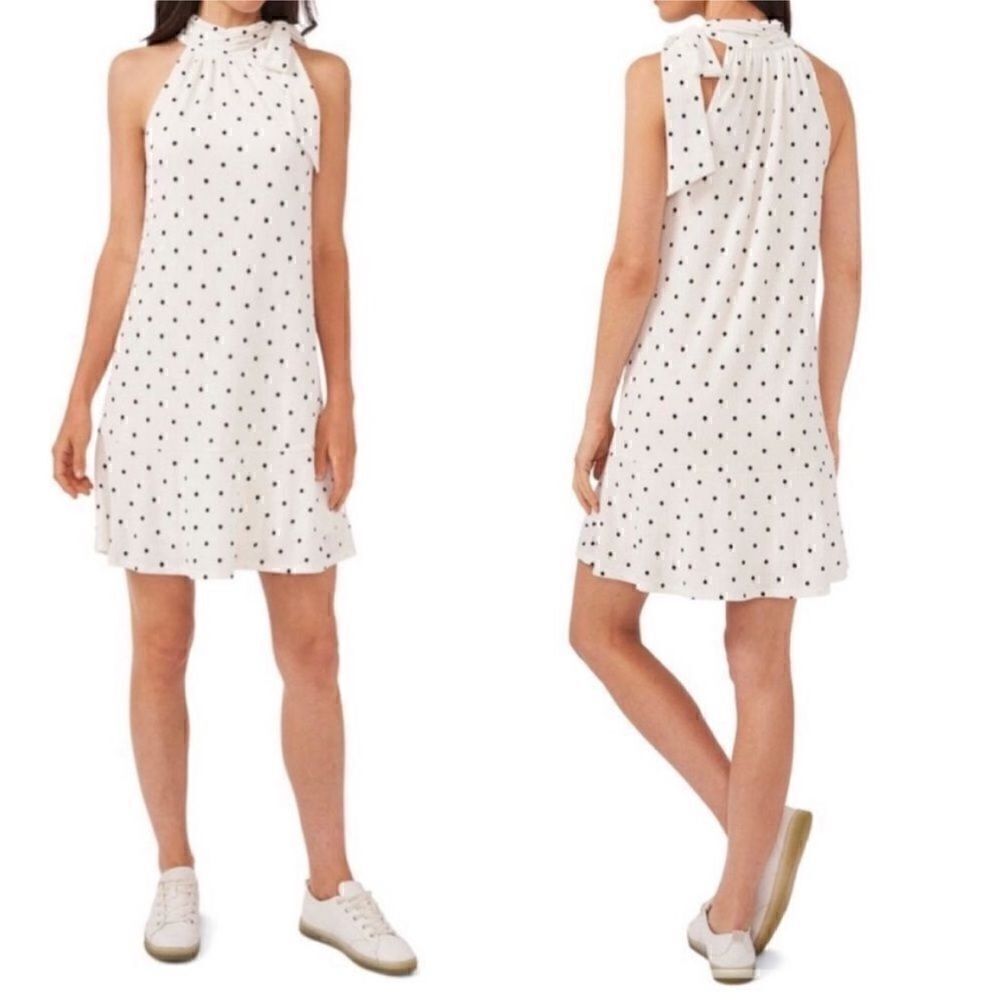 CeCe Polka Dot High Neck Knit A-Line Dress in Soft Ecru Size M